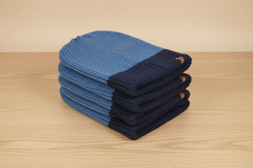 Alpaca Double-skin Traditional Reversible Beanie Brown Mocha stripe / Navy Denim Blue (Unisex)