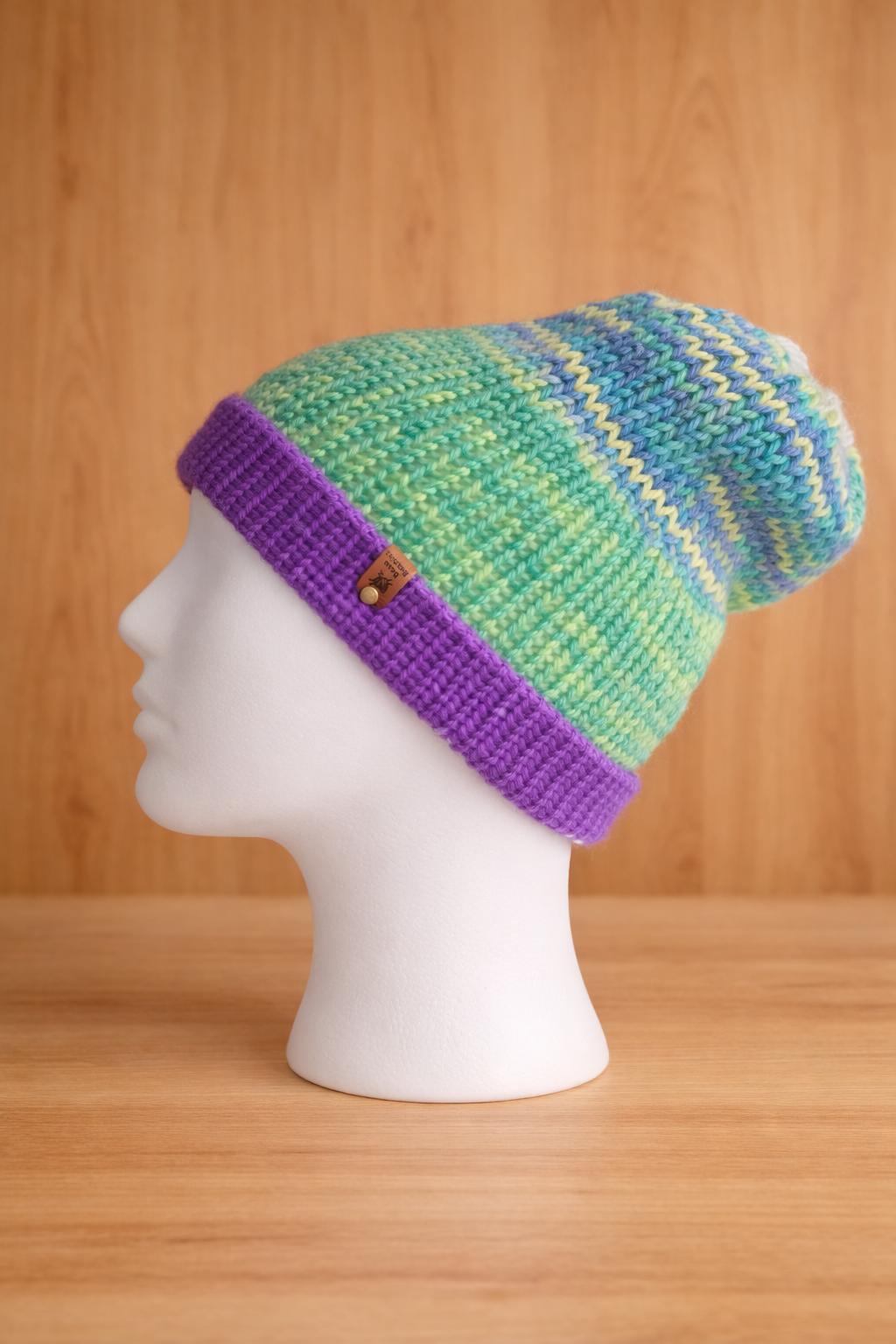 Junior Alpaca Double-skin Traditional Reversible Beanie Green Turquoise/ soft White Unisex