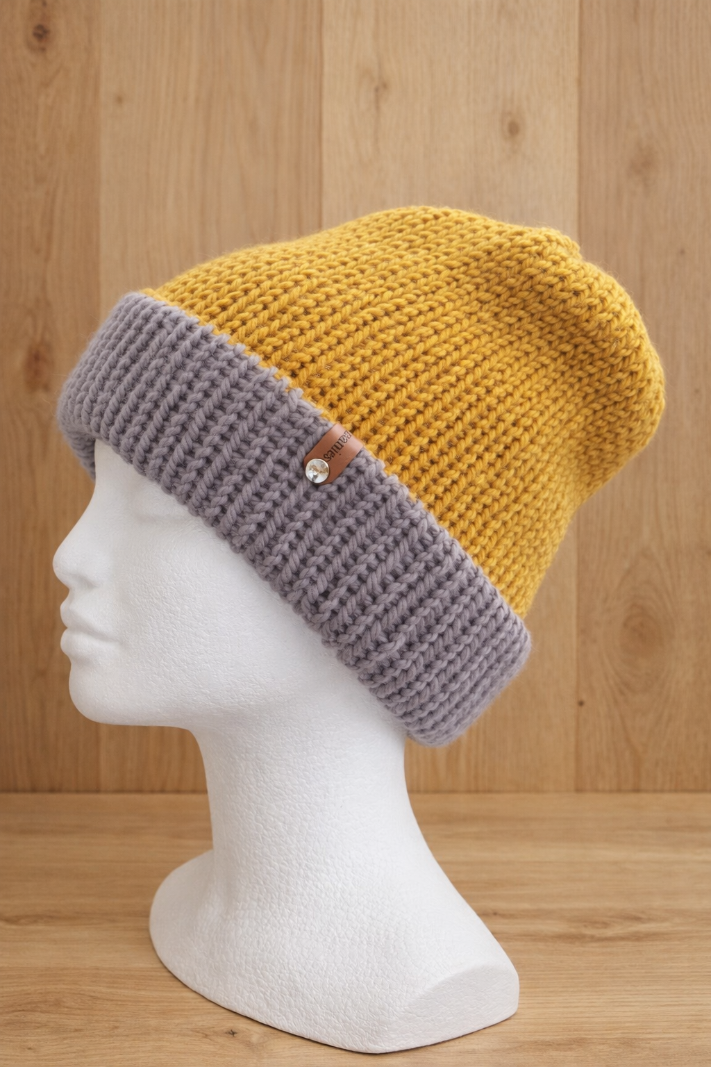 Alpaca Double-skin Traditional Reversible Beanie Grey/ Mustard Unisex