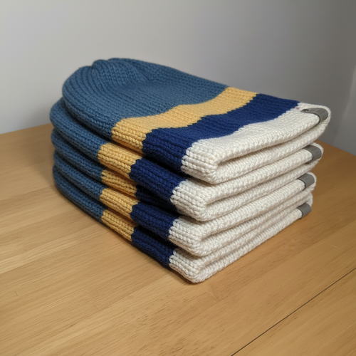 Stack of blue yellow navy cream striped beanies