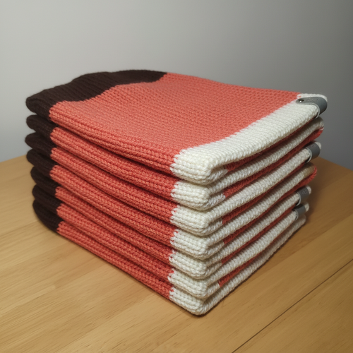 Stack of brown coral cream striped beanies