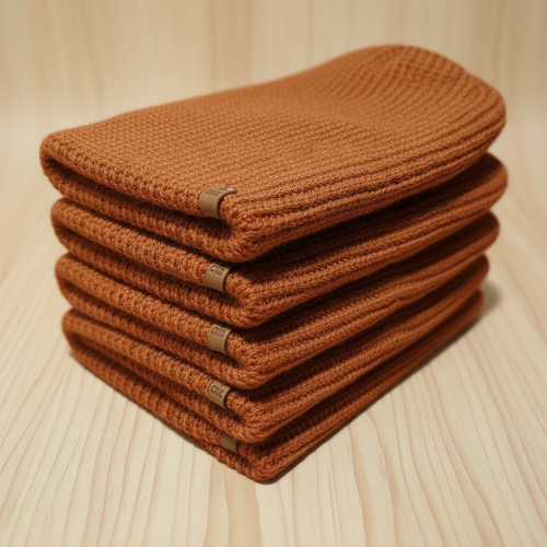 Stack of burnt orange beanies folded flat