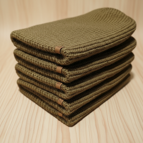 Stack of four brown beanies on light wood background