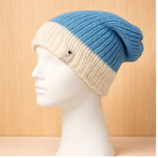 Alpaca Double-skin Traditional Reversible Beanie Denim Blue White/Pale Green White (Unisex)