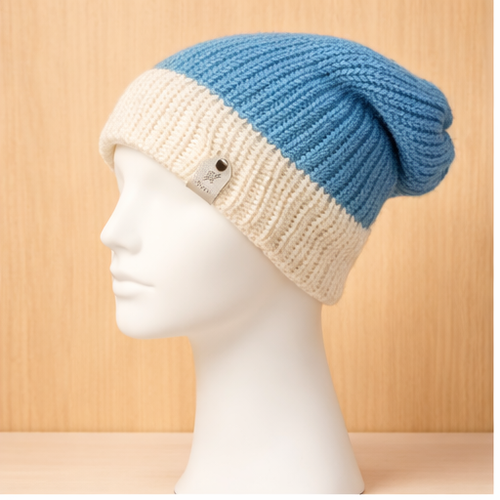 Alpaca Double-skin Traditional Reversible Beanie Denim Blue White/Pale Green White (Unisex)