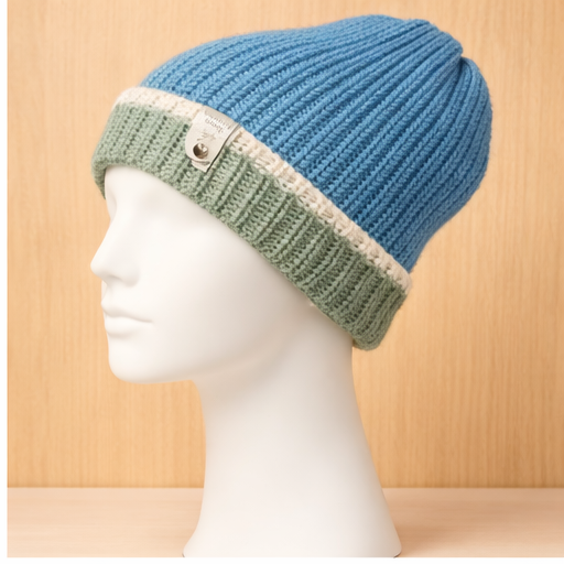 Alpaca Double-skin Traditional Reversible Beanie Denim Blue White/Pale Green White (Unisex)