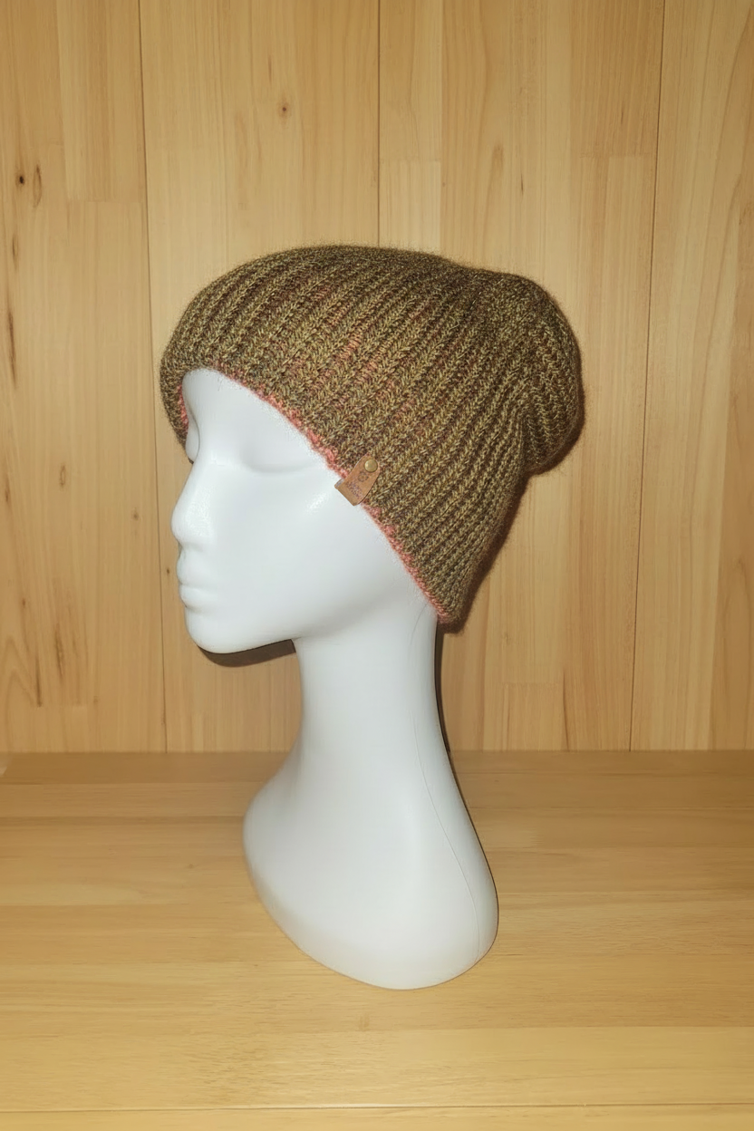 Zara-style mannequin - olive with coral cuff - beech wood background